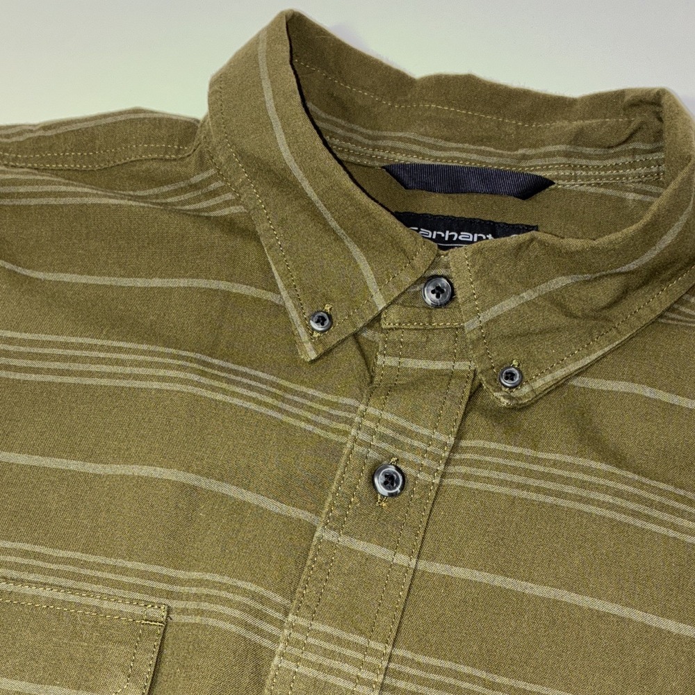 Carhartt Loose Fit Men's 2XL Green Striped Cotton Button-Up Shirt Pockets